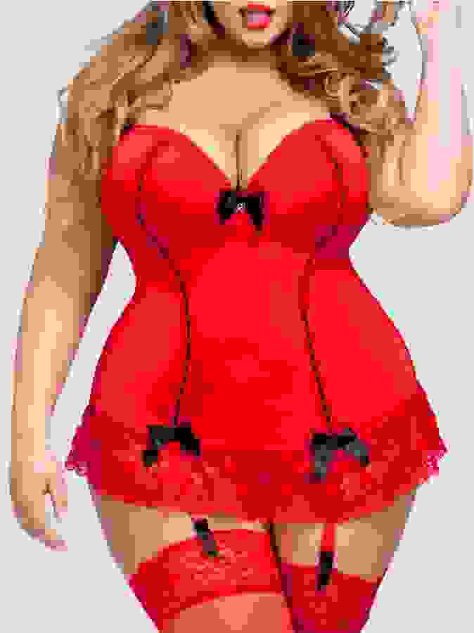 Lovehoney Plus Size Seduce Me Red Push-Up Basque Set, Red, hi-res